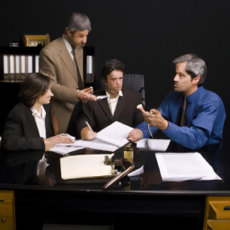 description: an image of a law firm office with lawyers working at their desks, discussing legal documents and collaborating.