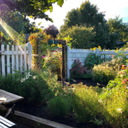 description: a photo of a lush backyard garden filled with flowers, vegetables, and fruits. the sun is shining down on the garden, casting a warm glow on the greenery. the garden is surrounded by a white picket fence, and there's a small seating area in the corner for enjoying the view.