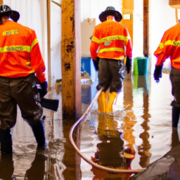 description: an anonymous image illustrating a team of restoration professionals wearing protective gear and operating specialized equipment to extract water and restore a damaged property.