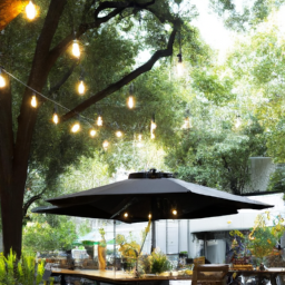 description: a beautifully designed outdoor space with a large dining table, comfortable chairs, and an umbrella for shade. the space is surrounded by lush greenery and features string lights for ambiance.