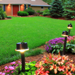 description: an image showcasing a beautifully landscaped backyard with lush greenery, colorful flowers, a well-maintained lawn, and strategically placed outdoor lights.