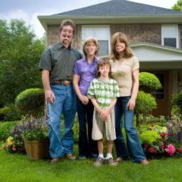 The image shows a family standing in front of a professionally landscaped property. The lawn is lush and green, with various plants, trees, and shrubs carefully arranged to create a pleasing aesthetic. The family is smiling and looking happy, showing that they are satisfied with the work of Four Seasons Total Landscaping.