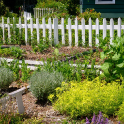 description: an image of a well-maintained home garden with various types of plants and herbs growing in neat rows. the garden is surrounded by a white picket fence and the sun is shining brightly overhead.