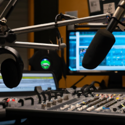 description: an anonymous image of a radio broadcasting studio with microphones, soundboards, and headphones.