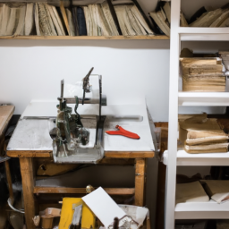 description: an image showcases a book restoration workshop, with shelves filled with old books, a vintage bookbinding press, and various tools used for repairing and preserving century-old books.