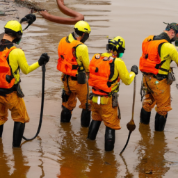 description (anonymous): an image of a team of professionals in protective gear using specialized equipment to remove water from a flooded area. they are working together to restore the affected space to its original condition.