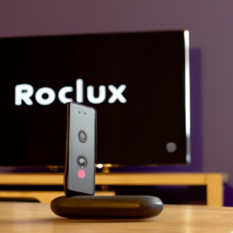 Description: A picture of a Roku streaming device on a stand, with a phone displaying the Roku app open.