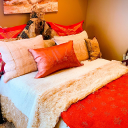 description: an image of a beautifully decorated bedroom with festive holiday bedding, including cozy blankets and pillows in rich seasonal colors.