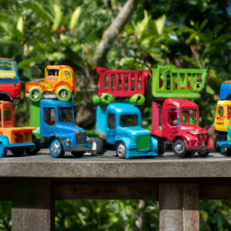 description: an image showcasing a colorful collection of toy trucks in various sizes and designs, appealing to children of different age groups. the trucks are displayed on a wooden shelf against a backdrop of a lush green garden, evoking a sense of the toy truck maker's gardening roots.
